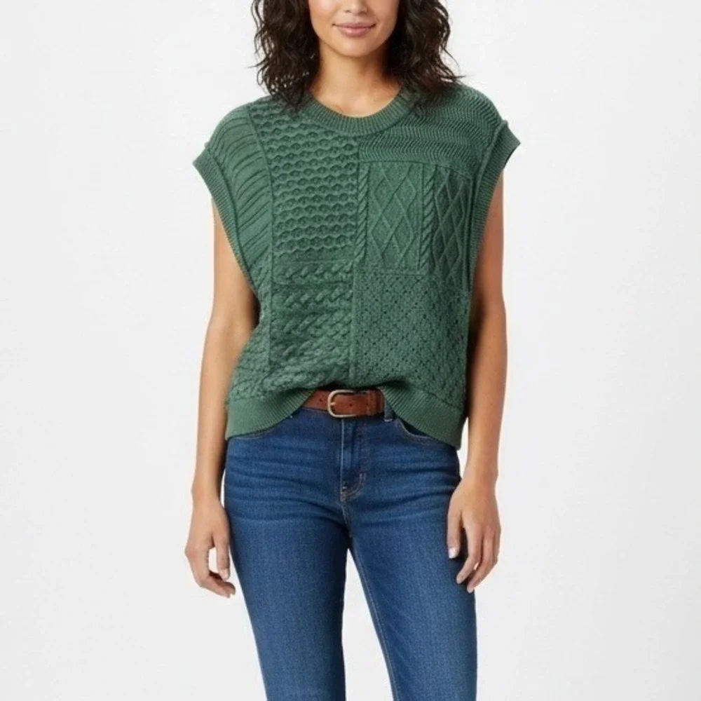 Free People Women Green Patchwork Cable Knit Cotton Sweater Vest Small OB66170